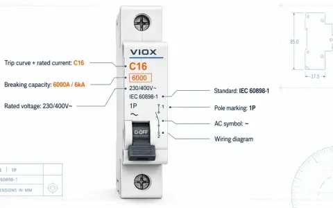Wyłącznik nadprądowy VIOX C16 z oznaczeniami: prąd znamionowy C16, napięcie 230/400V, zdolność zwarciowa 6kA, zgodny z IEC 60898-1.