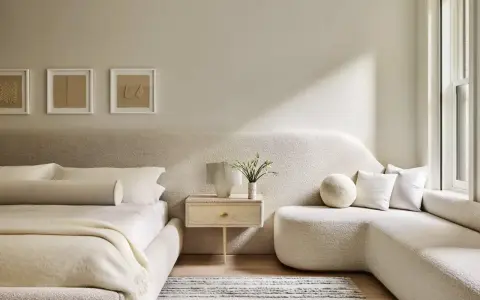 Dormitorio con decoración minimalista, cama baja, sofá curvo y arte abstracto en tonos tierra.