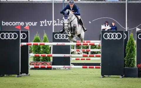 Un cavalier et son cheval gris s'envolent au-dessus d'une haie, défiant le fahrenheit de vains. Les logos Audi et le slogan "become your rivals" ornent le fond.