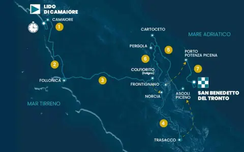 Karte der Tirreno Adriatico Radrundfahrt mit Etappenorten wie Lido di Camaiore, Follonica, Ascoli Piceno und San Benedetto del Tronto.