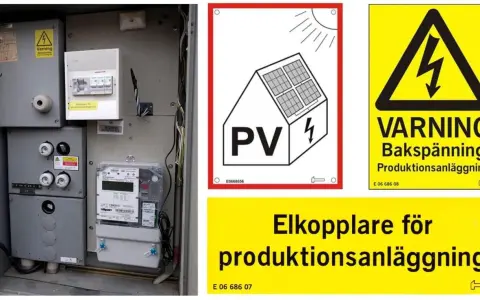 Elskåp med hager huvudbrytare, elmätare och varningsskyltar för solceller och produktionsanläggning.