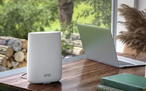 Ein weißer Orbi WLAN-Router steht neben einem Laptop auf einem Holztisch.