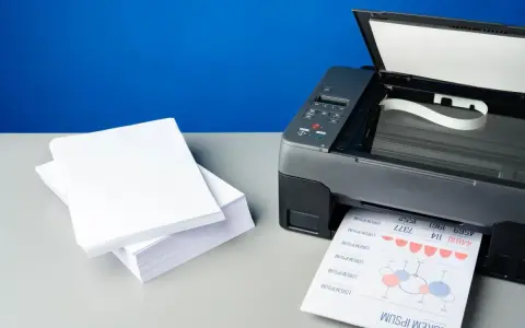 Stos białego papieru obok drukarki, która właśnie drukuje dokument. Różne rodzaje papieru do druku.