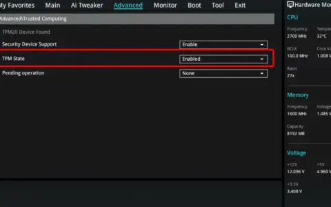 BIOS-Einstellungen: TPM State auf "Enabled" gesetzt, um Windows 11 zu ermöglichen.