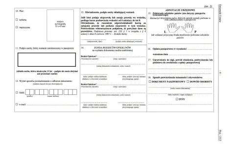 Formularz wniosku o paszport dla dziecka, z polami do wypełnienia danych osobowych, zgody rodziców i informacji urzędowych.