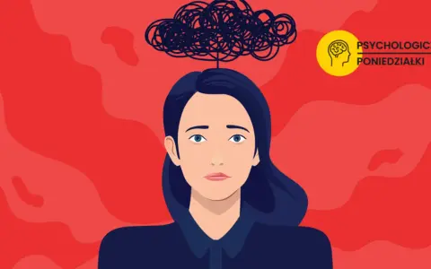 Ilustracja kobiety z kłębkiem czarnych myśli nad głową na czerwonym tle.