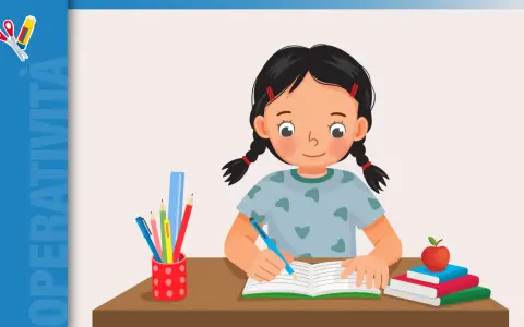 Bambina scrive appunti per riassunti scuola primaria classe quinta. Sul tavolo, libri, matite e righello.