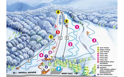 Mapa zimowych atrakcji: wyciągi (A, B, C), trasy narciarskie (1-5), tor saneczkowy (6), bacówka (7) i dom pszczelarza (8).