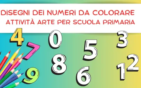 Attività per trasformare i numeri in disegni da colorare: matite colorate e numeri 0-9, 3, 12 su sfondo sfumato.