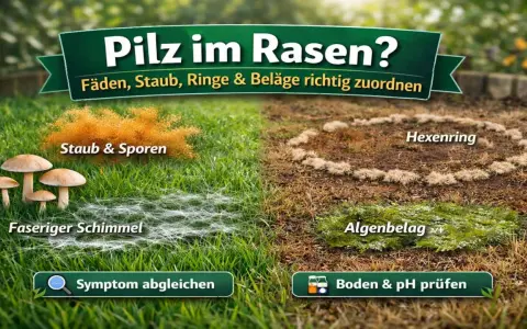 Pilze im Garten: Staub, Sporen, Schimmel, Hexenringe und Algenbelag werden gezeigt. Hilft bei der Zuordnung von Rasenproblemen.
