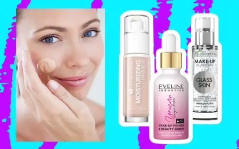 Kobieta aplikuje podkład, obok kosmetyki: baza pod makijaż Eveline Unicorn, nawilżający primer i baza pod makijaż Bielenda Glass Skin.