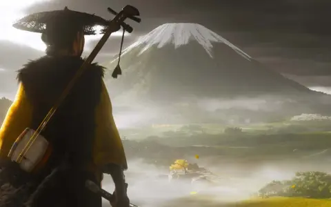 Un samurái con un shamisen a la espalda contempla un paisaje brumoso con el Monte Fuji al fondo. Podría ser una escena de Ghost of Tsushima 2.