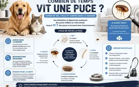 Les puces adultes vivent plusieurs mois sur un hôte. Le cycle complet, de l'œuf à l'adulte, prend environ 3 semaines en conditions favorables.