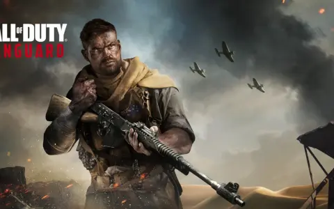 Żołnierz z karabinem w Call of Duty Vanguard, na tle pustynnego krajobrazu i samolotów.