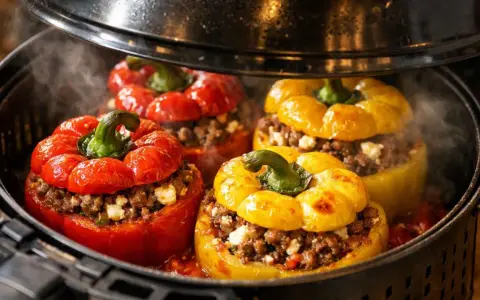 Gefüllte Paprikaschoten im Airfryer, dampfend und bereit zum Genuss. Rote und gelbe Paprika mit einer herzhaften Hackfleischfüllung.