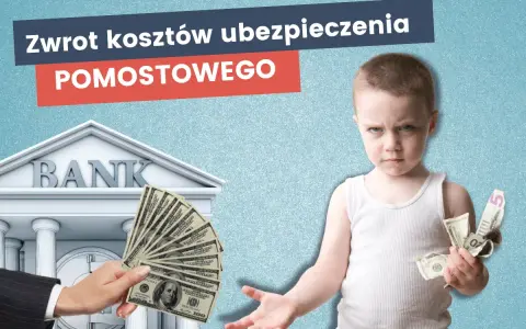 Chłopiec z gniewną miną trzyma pieniądze. Obok bank i ręka podająca banknoty. Czy ubezpieczenie pomostowe jest zwracane?