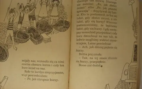 Dzieci z Bullerbyn zbierają wiśnie. Lasse pyta, dlaczego nie lubią kurzu, gdy samochód jedzie.