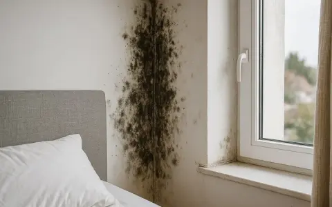 Un coin de chambre envahi par la moisissure sur le mur, près d'un lit et d'une fenêtre.