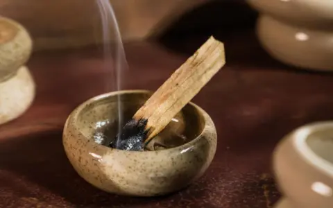 Dymiący patyczek palo santo w ceramicznej miseczce, unoszący się zapach wypełnia przestrzeń.