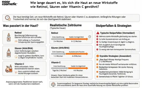 Die Grafik zeigt, wie oft man Retinol, Säuren oder Vitamin C anwenden sollte, um die Haut daran zu gewöhnen.
