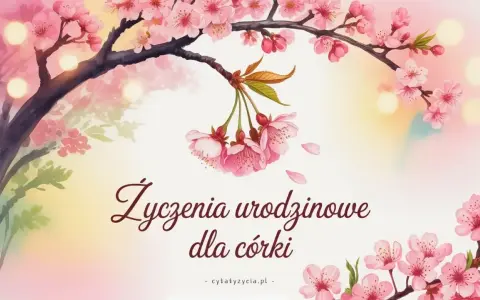 Kwiaty wiśni i ciepłe światła tworzą tło dla życzeń urodzinowych. Inspirujące cytaty na urodziny Paulo Coelho mogą dodać magii tej wyjątkowej chwili.