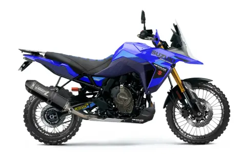 Niebieski motocykl Suzuki V-Strom 800 DE z akcesoriami, gotowy na przygodę.