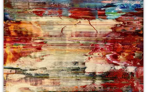 Abstraction vibrante aux tons rouges, blancs et bleus, évoquant une scène aquatique ou un paysage onirique, typique d'un peintre allemand contemporain.
