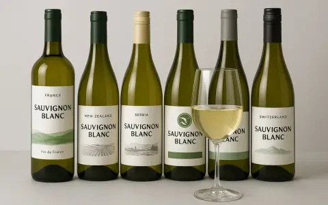 Sechs Flaschen Sauvignon Blanc aus verschiedenen Ländern, daneben ein Glas mit hellem Wein.
