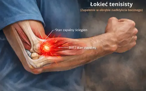 Anatomia łokcia z widocznym stanem zapalnym ścięgien i bólem, ilustracja problemu nieleczonego łokcia tenisisty.