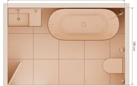 Plano de baño con lavabo, bañera y WC. Las medidas generales son 275 cm x 180 cm, mostrando las medidas bañera estandar.