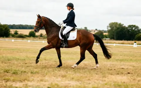 Une cavalière en tenue de compétition exécute un mouvement de dressage sur son cheval bai dans un pré.