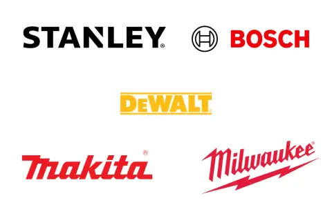 Logos de marcas de herramientas profesionales: Stanley, Bosch, DeWalt, Makita y Milwaukee.