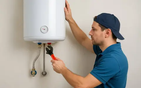 Técnico realizando la instalacion termo electrico de un calentador de agua con una llave inglesa.