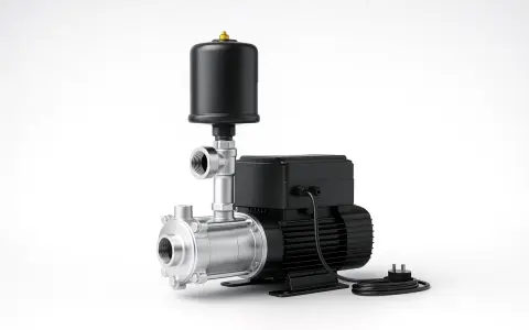 Bomba de agua de acero inoxidable con depósito negro. Parece que la bomba de agua no para de funcionar, lista para suministrar agua.