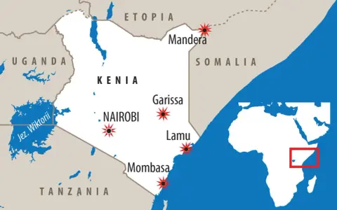 Mapa Kenii z zaznaczonymi miastami: Nairobi, Mombasa, Garissa, Lamu i Mandera. Widać też Jezioro Wiktorii i fragment Tanzanii, Ugandy, Etiopii i Somalii.