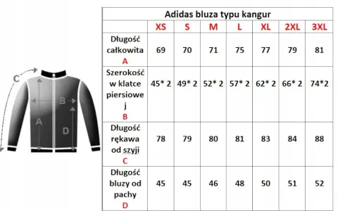 Tabela rozmiarów bluz Adidas z zaznaczonymi wymiarami A, B, C, D.