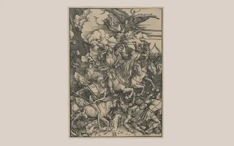 Albrecht Dürer: Czterej Jeźdźcy Apokalipsy. Groza i chaos na drewnie, gdy jeźdźcy niosą zagładę, a anioł zsyła gniew.