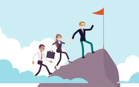 Teamwork in nonprofit management: a leader helps colleagues ascend a mountain to reach a flag, symbolizing shared goals and success.