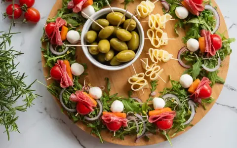 Okrągła deska z 4 wypróbowanymi sałatkami na patyczkach: pomidorki, salami, kulki mozzarelli, marchewka, rukola i oliwki.