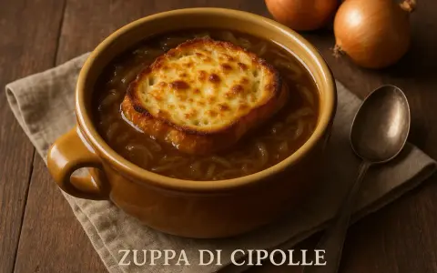 Zuppa di cipolle, la ricetta della nonna: un classico confortante con crostone di pane gratinato.