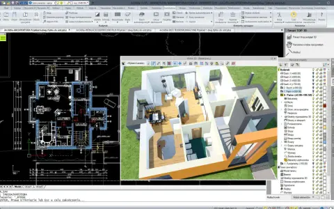 Program dla architektów: widok planu parteru i wizualizacja 3D domu, z panelem projektu po prawej.