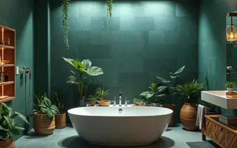 Bagno lussuoso con vasca bianca, tante piante verdi e pareti color smeraldo. Un'oasi di relax con idee bagno verde.