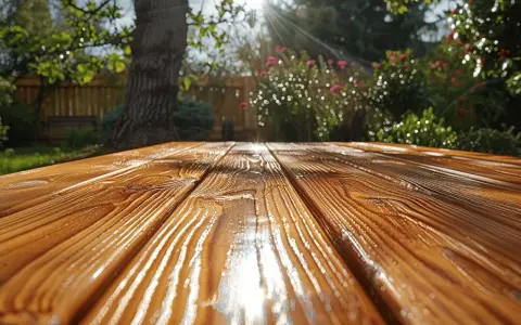 Table en bois fraîchement traitée avec un gel protection bois ou lasure, reflétant le soleil dans un jardin verdoyant.