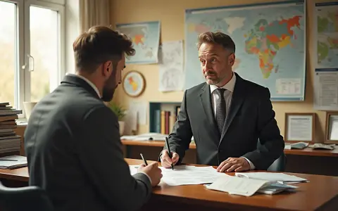Dwóch mężczyzn w garniturach przy biurku, jeden podpisuje dokumenty. Rozmowa o tym, jak sprawdzić, kto jest właścicielem działki.