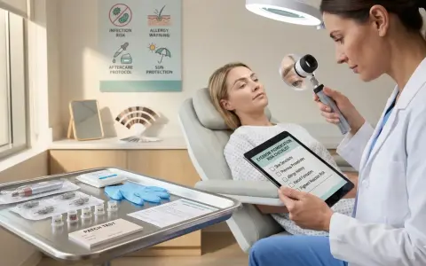 Consultation dermatologique pour microblading. La docteure examine les sourcils d'une patiente, tablette à l'appui, pour évaluer les risques.