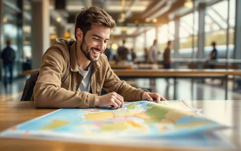 Glad ung man planerar sin interrail europa-resa med karta.