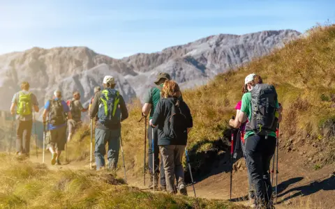 Grupa osób wyruszyła na wędrówkę. Wszyscy mają plecaki i kije do nordic walking, przemierzając górski szlak.