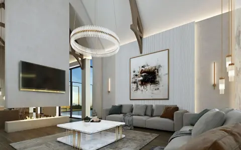 Modern living room with a fireplace, large TV, and abstract art. This space embodies smart home living with seamless iot automation.