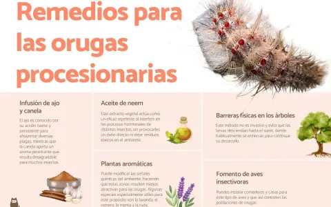 Remedios para orugas procesionarias: infusión de ajo, aceite de neem, plantas aromáticas, barreras físicas y fomento de aves insectívoras para controlar cómo eliminar la procesionaria en el suelo.
