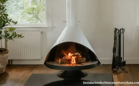 Chimenea moderna con fuego encendido, rodeada de elementos decorativos y un juego de herramientas. Un ejemplo de estufas seguras para tu hogar.